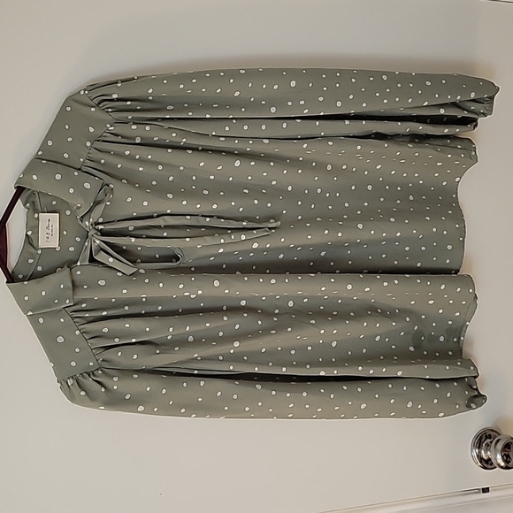 143 STORY BY LINE UP Sage White Polka Dot Bow Tie Long Sleeve Castlecore Blouse - Picture 3 of 8